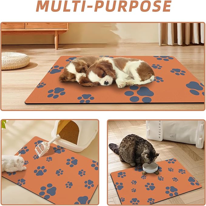 18"×30" Dog Food Mat-Absorbent Dog Mat for Food and Water, No Stains Quick Dry Cat Dog Food Bowl Mat Non Skid Dog Feeding Mat with Footprints for Messy Drinkers Orange