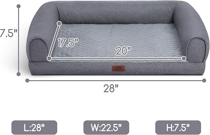 Hollypet Orthopedic Dog Bed for Medium Dogs, Supportive Foam Pet Couch with Removable Washable Cover and Non-Slip Bottom, Waterproof Lining Dog Sofa Bed, Gray, M (28 * 22.5 * 7.5)