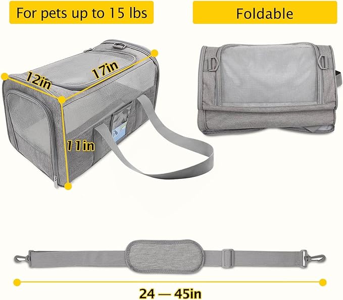 Refrze Cat Carrier,Dog Carriers for Small Dogs Medium Cats Pet Carrier up to 15 Lbs, TSA Airline Approved Cat Carrier Soft, Cat Dog Crate Travel Bag,Grey