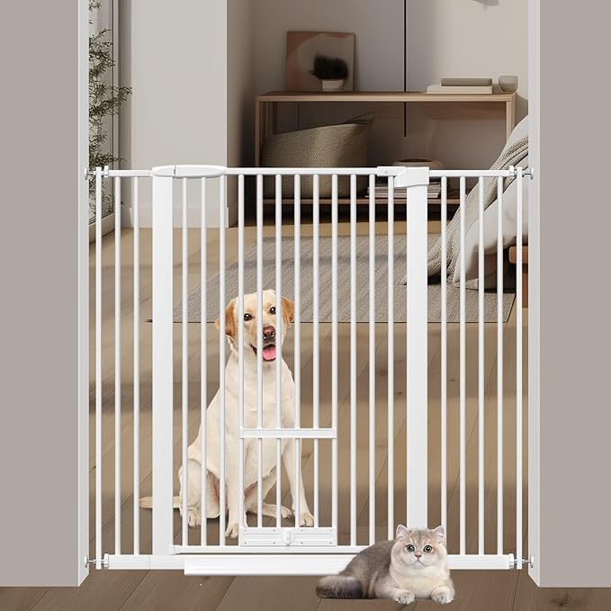 40.55" Tall 1.37" Ultra Narrow Spacing 30.12-45.87" Wide Dogs Pets Baby Gate with Cat Door for Doorway Safety Proof Indoor Puppy Pressure Mounted No Drill Black Metal Hallway
