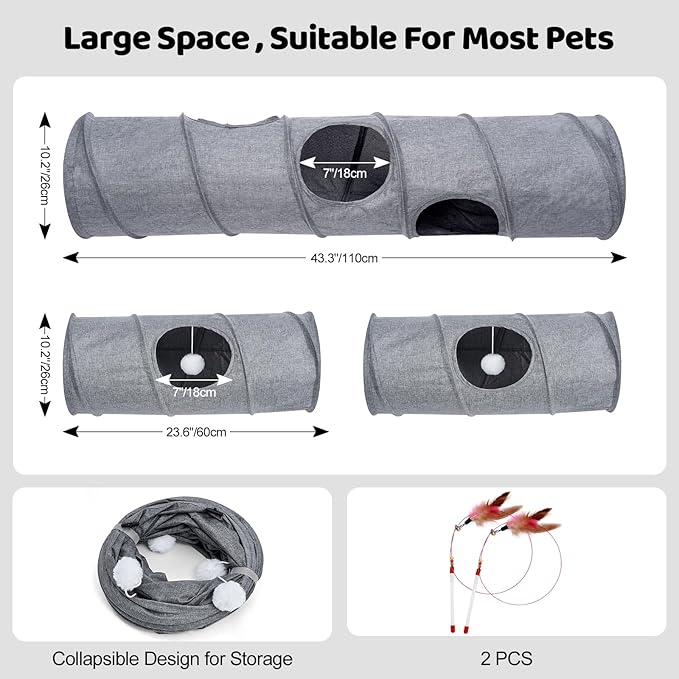 Cat Tunnel, 3 Straight Shaped Tunnels 6 DIY Shapes with Wand Toys, No Noise Scratch Resistant Cool Linen Fabric, Interactive Pet Tunnel Tube for Indoor Cats, Puppy and Rabbits