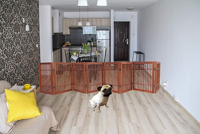 Urnporium Freestanding Pet Gate Folding Wooden Fence for Indoor & Outdoor Use, Durable Acacia Hardwood (Brown Pet Gate, 8 Panel 24" Tall)