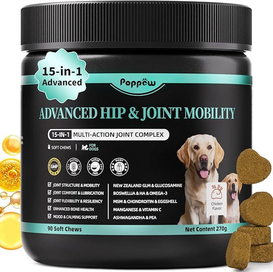 Dog Hip and Joint Supplement, 15-in-1 Advanced Glucosamine for Dogs with Chondroitin, MSM, New Zealand GLM, Pea, Omega 3 - Chicken Flavor - 90 Soft Chews, Fits All Breeds and Sizes