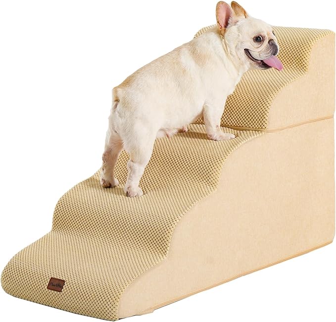 Made4Pets Dog Stairs Ramp for High Bed, 5-Step Pet Stairs for Bed Couch Sofa Climbing, 35D Foam Pet Steps for Small Dogs and Cats, Non-Slip Bottom Dog Steps, Tan