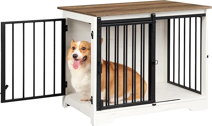 31.9" Dog Crate Furniture with Barn Door, Heavy Duty Dog Kennel Indoor with 2 Doors, Wooden Pet Cage End Table for Small Medium Dogs up to 44 lb, Anti-Chew Anti-Escape, White Brown DFC83614B