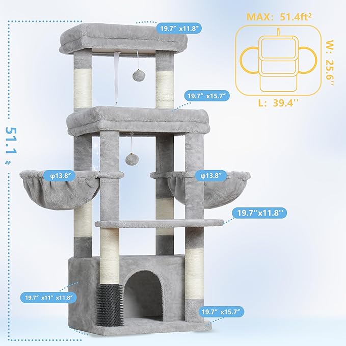 Hey-brother Cat Tree Tower, Scratching Posts with Extra Large Platform, Specious Condo, 2 Cozy Hammocks, Self-Grooming Brush for Indoor Adult Cats, Maine Coon 51.1 inches, Light Gray MPJ070W
