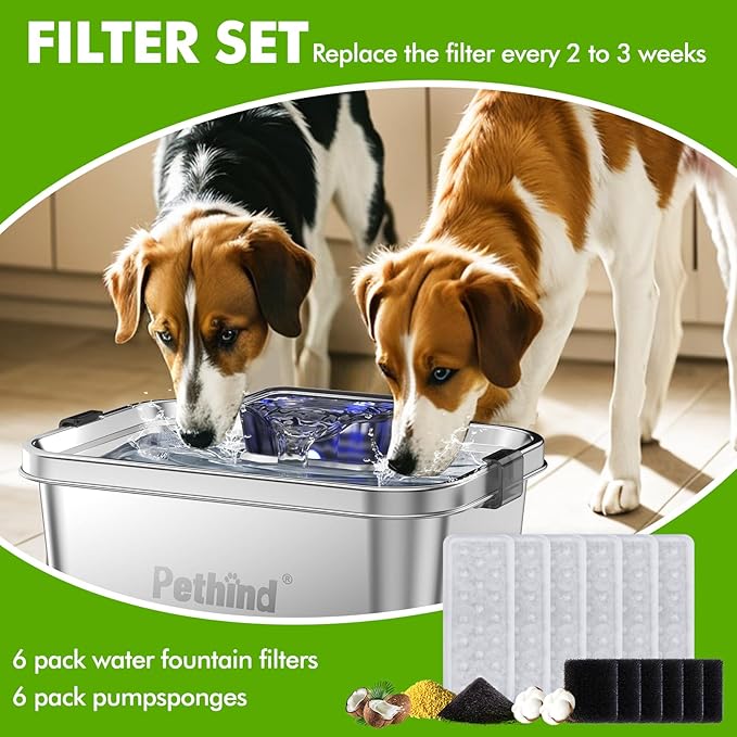 6 Pack Dog Water Fountain Filters and 6 Pack Sponges, Suitable for Stainless Steel Dog Water Fountain (PF-SS-01/PF-SS-02/PF-SS-04), High Efficiency Filtration, Idividual Package