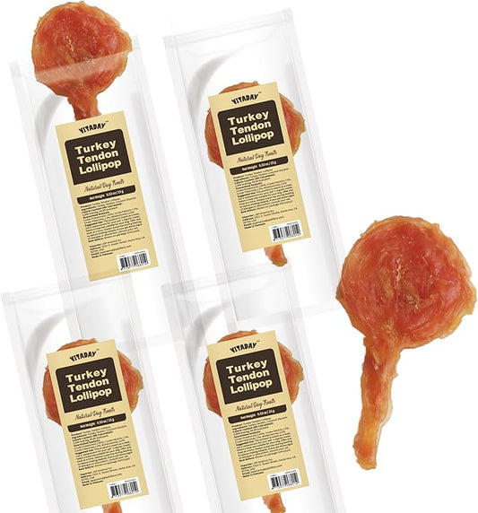 Turkey Tendon Lollipop Pack of 4, 100% Natural, USA-Sourced Turkey Tendon, High-Protein, Low-Fat, Grain Free, Chew, Rawhide Alternative, Hypoallergenic Puppy & Dog Treats