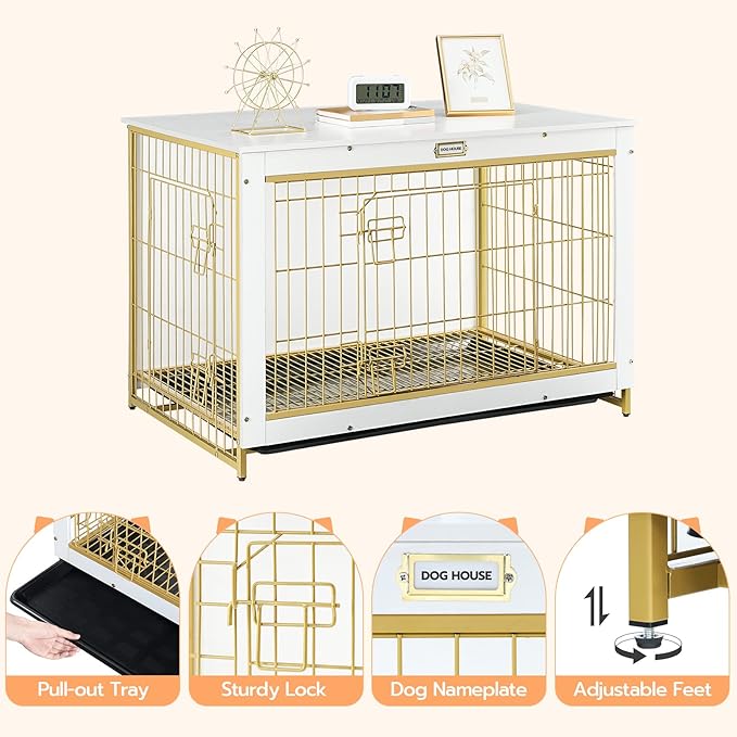 HOOBRO Dog Crate Furniture, 38.6" Large Dog Kennel Indoor, Wooden Cage with Pull-Out Tray, Double Doors Pet House Side End Table for Large/Medium/Small Dogs, White DW982GW03