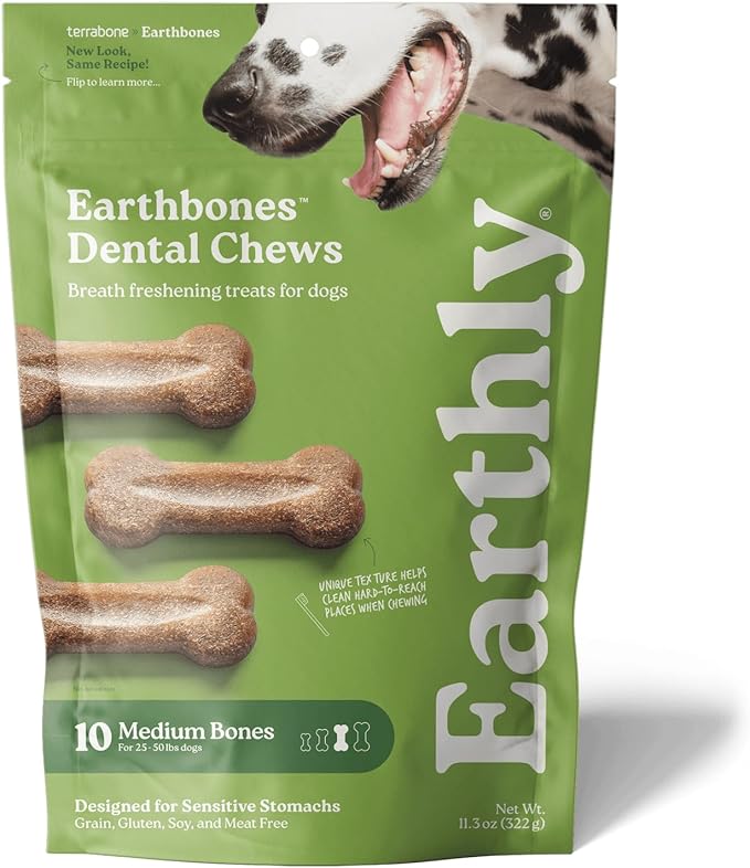 Presidio Earthbones (Formerly Terrabones) Dental Chews, Dog Teeth Cleaning Treat, USA Made, Medium, 10 Treats