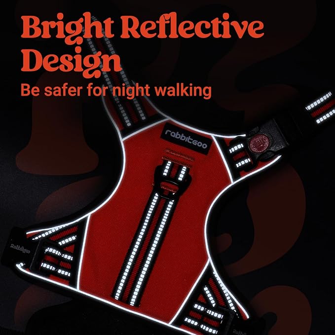 rabbitgoo Dog Harness Medium Sized, No Pull Pet Harness with Soft Padded Handle, Adjustable Reflective Vest with 3 Buckles, Easy Walking Harness with 2 Leash Clips, Red, M