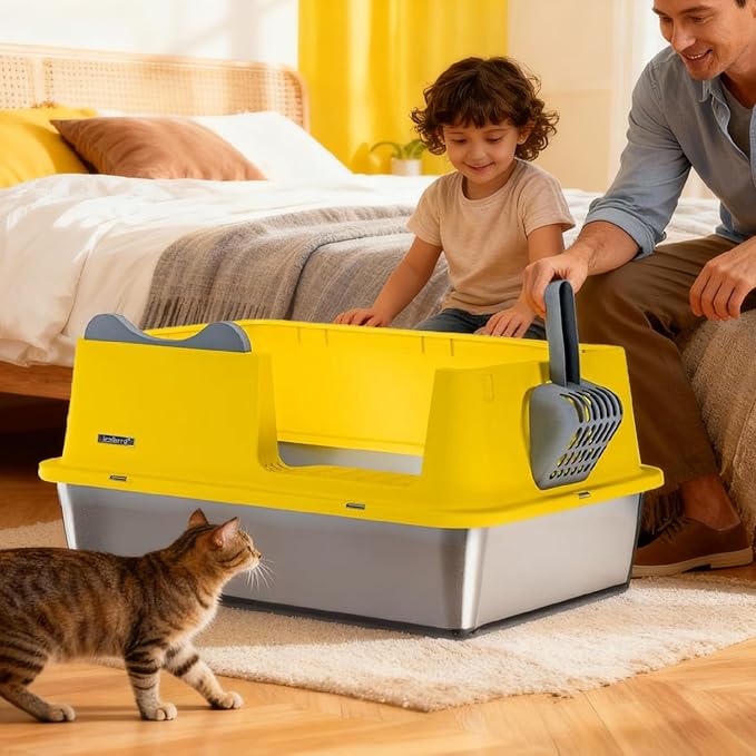 Stainless Steel Cat Litter Box, Open Top High-Sided Metal Litter Box with Scoop, Extra Large Litter Boxes for Kitty Kitten and Big Cats, Anti-Urine Leakage, Non-Sticky, Easy to Clean (Yellow)