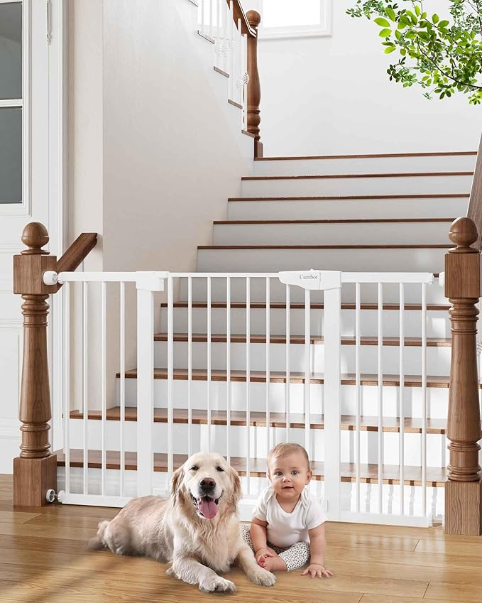 Cumbor 29.7-54.2" Wide Baby Gate for Stairs, Mom's Choice Awards Winner-Self Closing Dog Gate Indoor for Doorways, No Drilling Pressure Mounted Pet Gates for Kids, Easy Walk Through Safety Gate, White