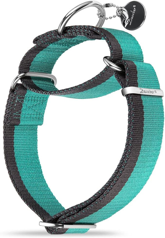 Martingale Collar 1.5 Inch Wide 1200D Extra Strong Nylon Dog Collar, No Pull Heavy Duty Dog Collar with 2-Color Stripe for Medium to XLarge Dogs (Extra Large, 1.5 inch Mint Blue & Grey)