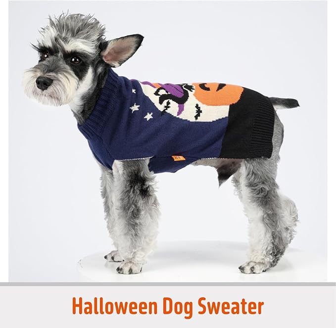 FOFOS Halloween Dog Sweater Pumpkin, Acrylic Knit Dog Pullover Lightweight Dogs Halloween Clothes for Small Medium Puppies, Navy Blue, S
