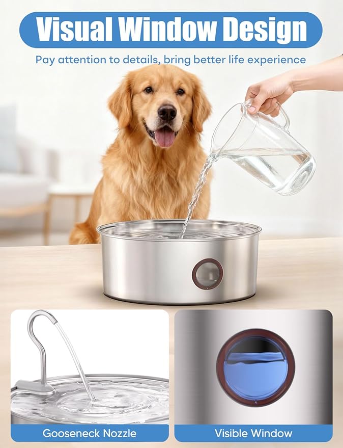 Dog Water Fountain for Large Dogs- 8L/270oz Stainless Steel Dog Fountain Dispenser Automatic Pet Water Bowl with Ultra-Quiet Pump/Quadruple Filtration for Large Pups Cats & Multi-Pet