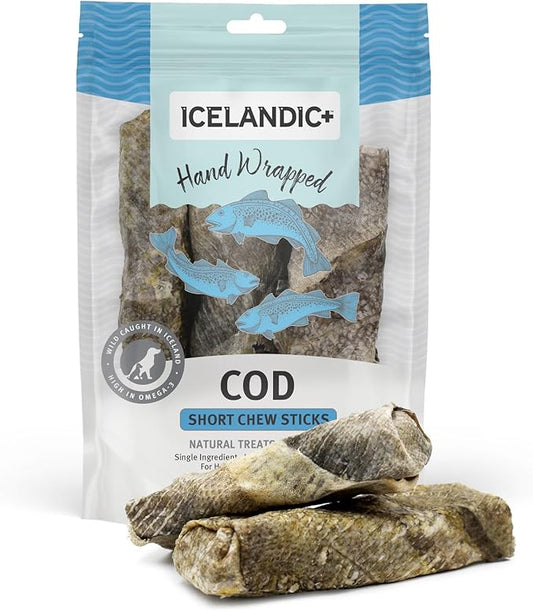 Icelandic+ Cod Skin 5" Short Hand Wrapped Dog Chew Stick, 3-Pack, 2.8-oz Bag