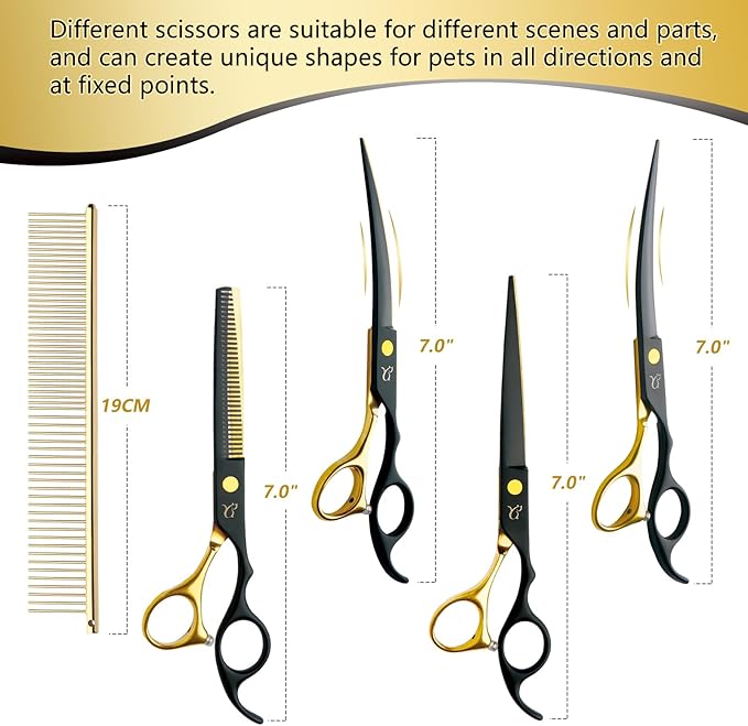 Dog Grooming Scissors,Paint Coated Curved Scissors Thinning Scissors with Safety Round Tips, Sharp and Durable 5 in 1 Dog Scissors for Grooming