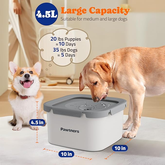 Dog Water Bowl No Spill, 4.5L Stainless Steel Dog Floating Bowl, Slow Water Bowl for Dog with Filter, Non-Slip Base, No Splash Water Bowl for Medium Large Messy Drinkers White