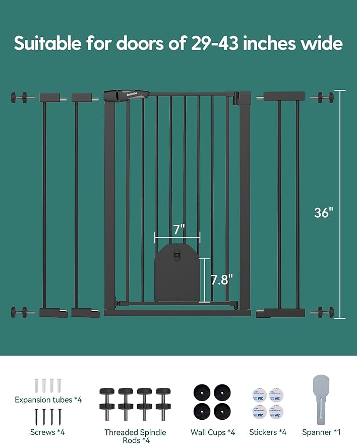 Babelio 36" Tall Auto Close Baby Gate with Small Cat Door, 29-43" Metal Cat Gate for Doorway, Stairs, House. Easy Walk Thru Dog Gate with pet Door, Includes 4 Wall Cups and 3 Extension Pieces, Black