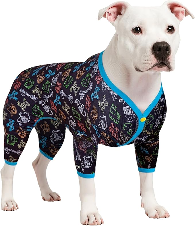 LovinPet Doberman Pajamas for Dog, Lightweight Stretchy Fabric, Jungle Friends Grey Print, Uv Protection Shirt, Easy to Wear Large Dog Pjs, Onesies for Dogs, Pajamas for Pitbulls, 2XL