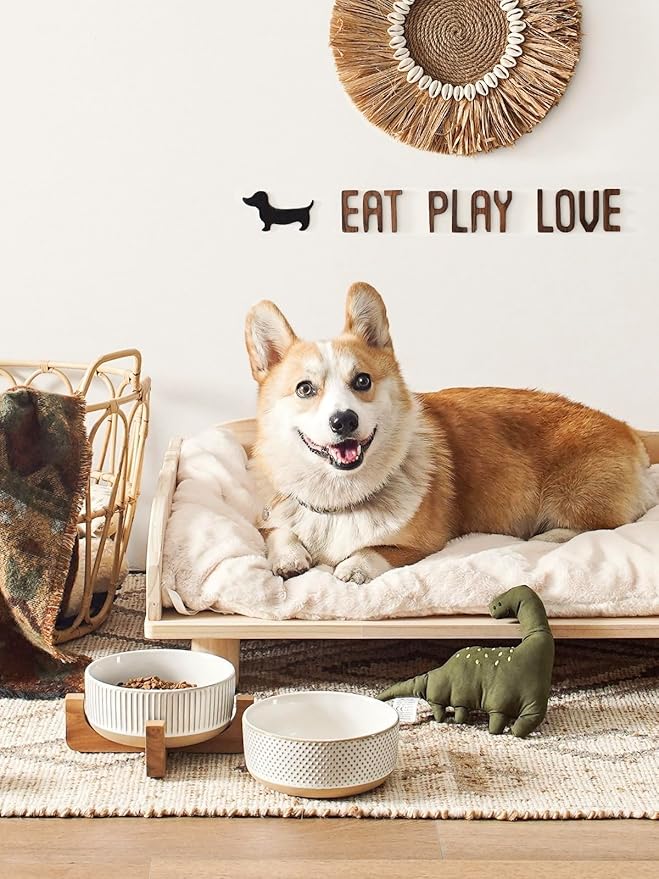 LE TAUCI PET Ceramic Dog Bowls for Medium Small Dogs - 4 Cup Medium Dog Food and Water Bowls with Wood Stand, Cute Pet Dishes Set of 2, Lines+Dot