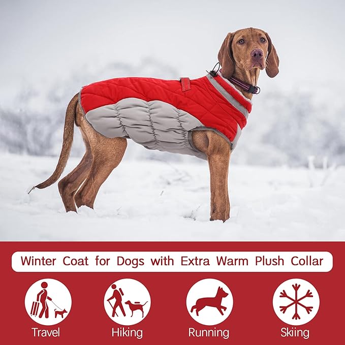FUAMEY Dog Coat for Large Dogs,Waterproof Dog Winter Jacket with Harness Built in Puppy Cold Weather Coats Reflective Pet Vest with Zipper Warm Fleece Dogs Snowsuit Windproof Red XL