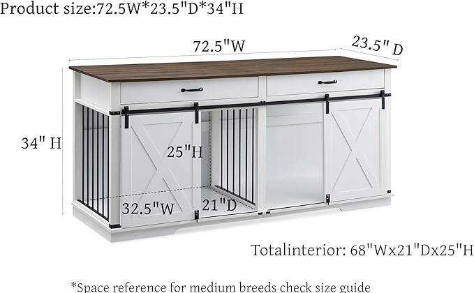 Dual Dog Kennel for 2 Medium Dogs, Wooden Furniture-Style Pet Crate with Removable Divider - 72.5 inch W Indoor Dog Cage Doubles as TV Stand & Display Shelf (White)