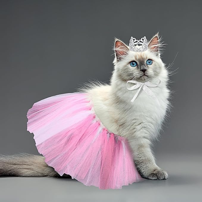 2 Pcs Dog Crown Headband Dog Tutu Dress Set Crystal Rhinestone Tiara Crown Tutu Skirt Pet Dress Costume for Puppy Birthday Party Wedding Photo Prop Costume(Small,Rose Red, White)