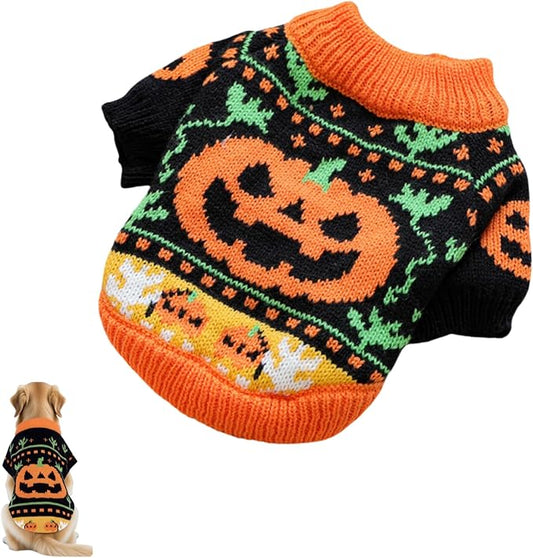 Halloween Pumpkin Dog Sweater, Knit Pet Costume, Orange and Black Fall Winter Outfit for Small Dogs and Cats (XLarge)