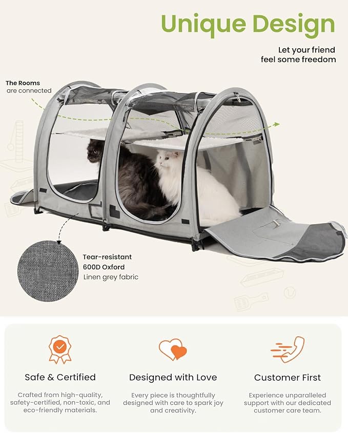 Portable Twin Compartment Show House Cat Cage Condo,Comfy Puppy Home Dog Travel Crate with Carry Bag,2 Hammocks and Mats & Collapsible Litter Box and Water Bottle