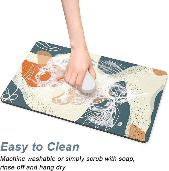 Rnivvi Dog Food Mat, 12" x 19" Boho Absorbent Dog Cat Bowl Mat for Food and Water, Cute Anti-Slip Rubber Pet Feeding Rug Protect Floors, Puppy Placemat for Feeding & Watering Supplies, Abstract Leaves