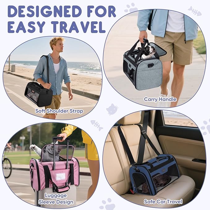 BALEINE Cat Carrier, Puppy Dog Carrier for Small Medium Pets Up to 22 Lbs, Soft-Sided Dog Travel Bag with Safety Zippers, Collapsible Pet Carrying Case (Black, XL, 19"x12"x12")