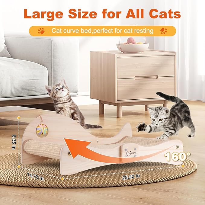 Oroonoko Cat Scratcher Bed for Indoor 2-in-1 Sisal Scratching Post & Hammock with Easy Assembly, Non-Tip Wood Base, Large Cat Bed & Scratch Pad (Fish Back)
