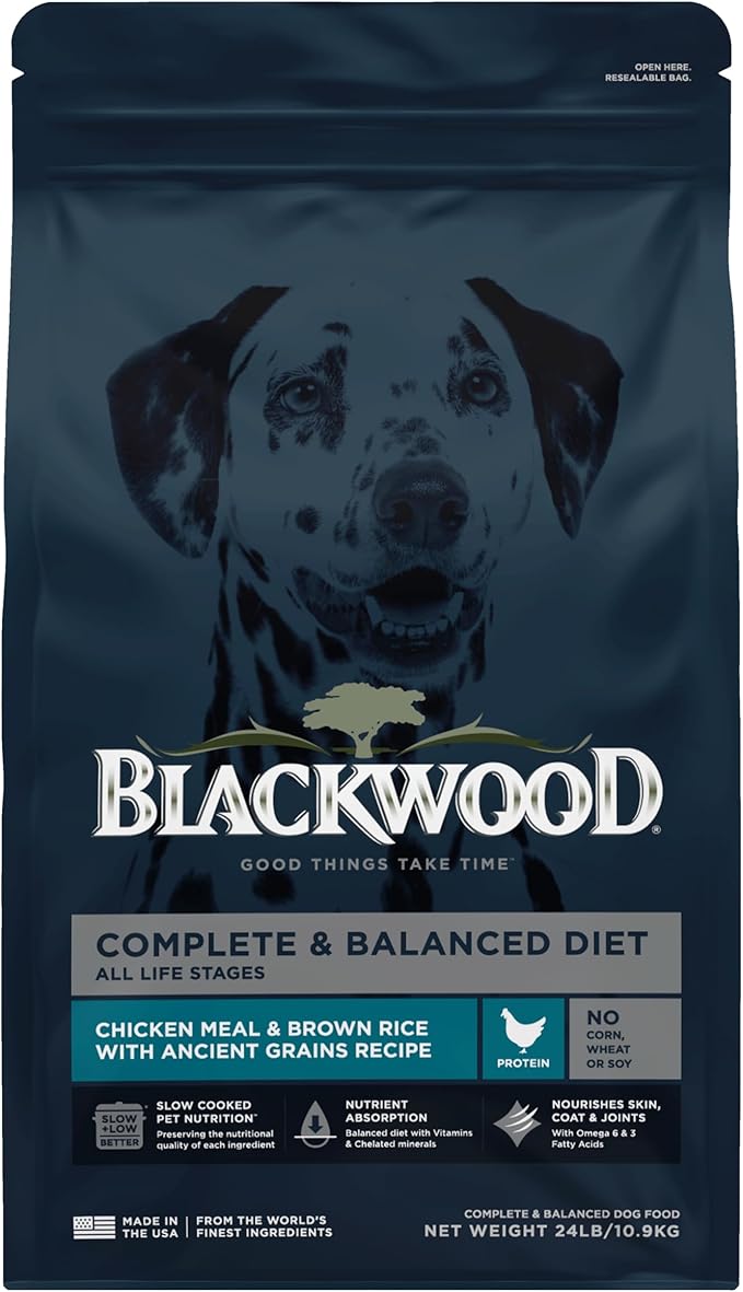 Blackwood Complete & Balanced Diet Dry Dog Food, Chicken Meal & Brown Rice with Ancient Grains, 24 Pound Bag, Slow Cooked with Vitamins & Minerals