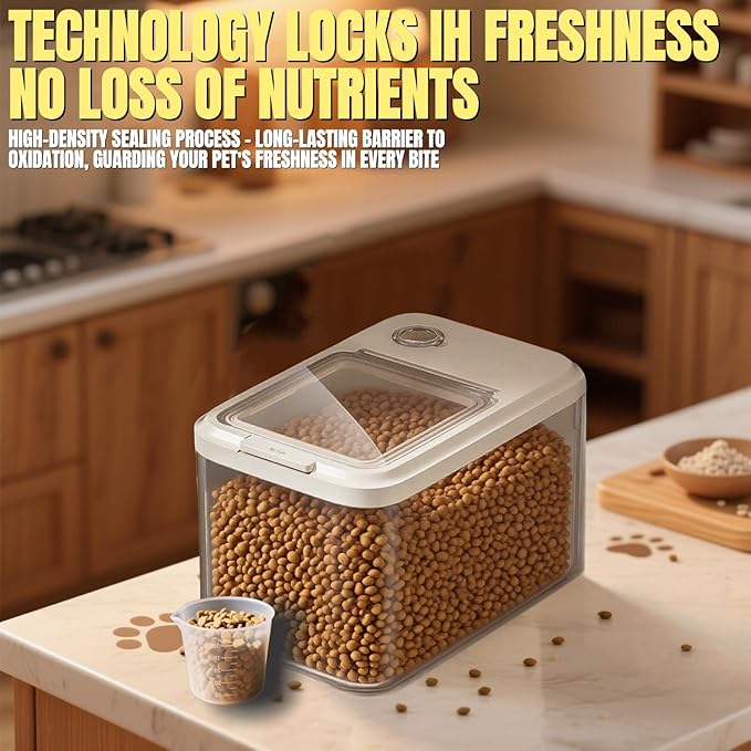 Dog Food Storage Container,2025 High-Capacity Pet Food Container Airtight with Cup,Durable Design for Dog/Cat/Bird Food Storage, Keep Dry Food Fresh (Transparent, 30 Pounds)