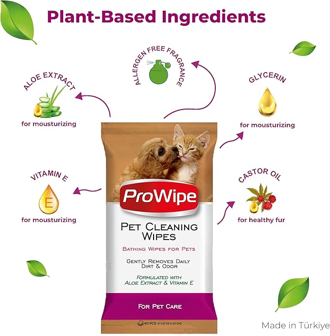 Pet Wipes, Dog Wipes, Cat Wipes, Wipes for Pets with Aloe Extract & Vitamins, Perfect as Eye, Ear Wipes, for Bums, Suitable for Puppy, Kitten, Dogs and Cats, 2 Pack - 40 Count