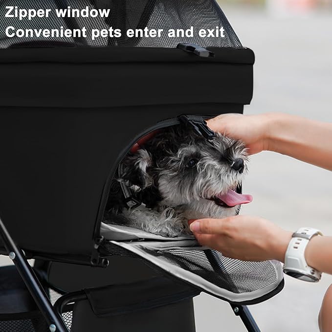 Pet Stroller-Folding 4 Wheels Cat/Dog Stroller for Medium Small Pets with Storage Basket and Cup Holder Suitable for Going Out and Traveling (Black)