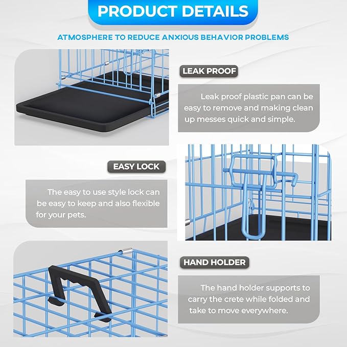 FDW Dog Crate for Small Dogs 18 Inch Folding Metal Wire Pet Cage Single Door W/Divider Panel Indoor Outdoor Kennel Leak-Proof Plastic Tray,Blue