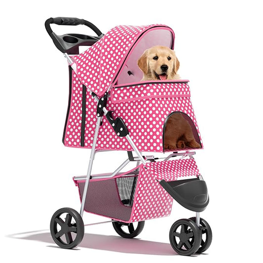 Cat Dog Stroller,3-Wheels Pet for Medium/Puppy Dogs 30 Lbs, Cat Strollers for 1 Cats, Foldable Dog Stroller with Storage Basket and Cup Holder, Breathable Mesh Pink Polka Dots