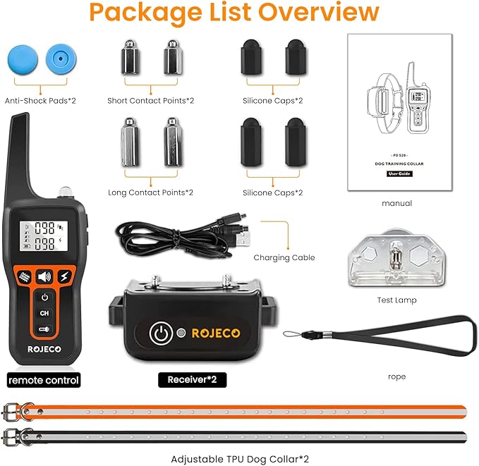 ROJECO Dog Shock Collar for 2 Dogs with 3300FT Remote，IPX7 Waterproof Rechargeable Shock Collar for Large Medium Small 2 Dogs for 4 to 120 lbs，3 Safe Training Modes with Beep，Vibration and Shock