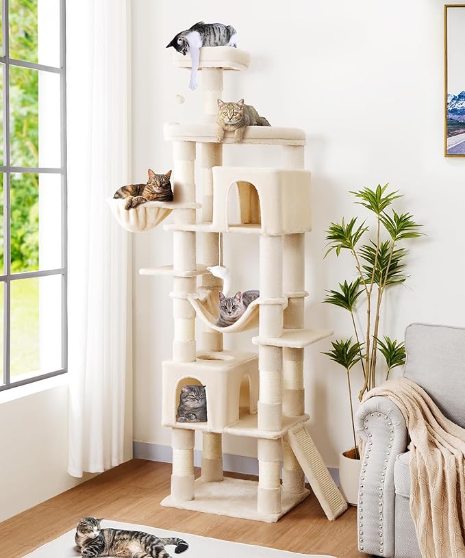AMHANCIBLE Cat Tree, 83 Inch Large Multi-Level Tall Tower for Indoor Adult Cats, with Scratching Post and Board, Hammock, Condos, Hanging Basket, Activity Center to Play and Sleep, Beige, PT21BG