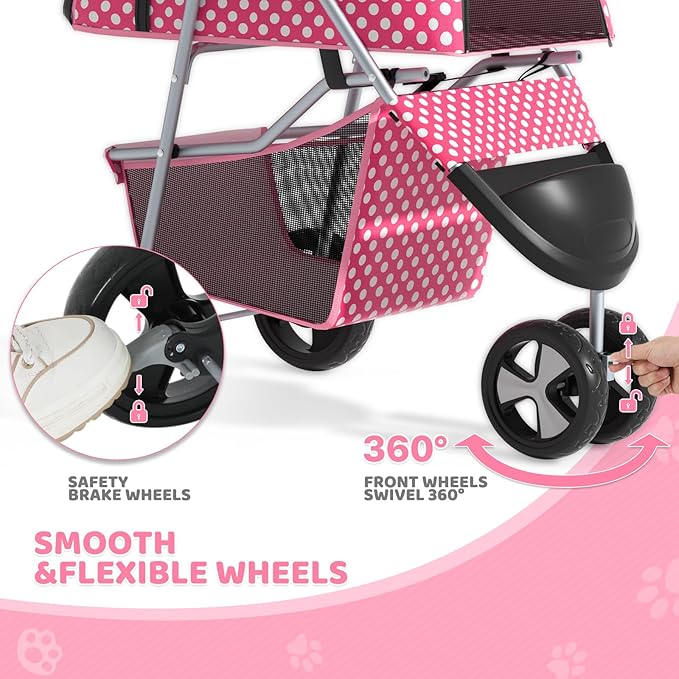Magshion 3-Wheel Pet Stroller, Foldable Travel Jogger for Small & Medium Dogs & Cats (Up to 33lbs), Lightweight Carrier with Breathable Mesh Cover, Cup Holder & Storage Basket, Hot Pink Polka Dots