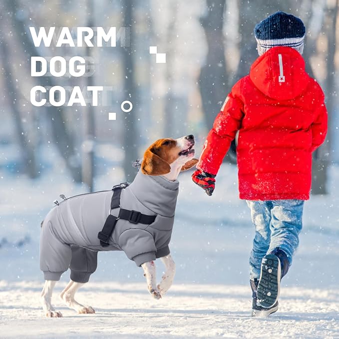 BRKURLEG Grey Dog Winter Coat, Cozy Winter Dog Jackets, Small Medium Dogs Coat with Harness, Onesie Body Warm Puppy Christmas Jacket, Pet Cold Weather Jackets, Puppy Four-Legged Puffer Coats, XXL