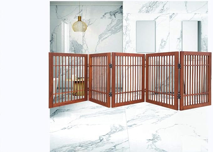 Pet Dog Gate Strong and Durable Freestanding Folding Acacia Hardwood Portable Wooden Fence Indoors or Outdoors by Urnporium (Brown Pet Gate, 5 Panel 24" Tall)