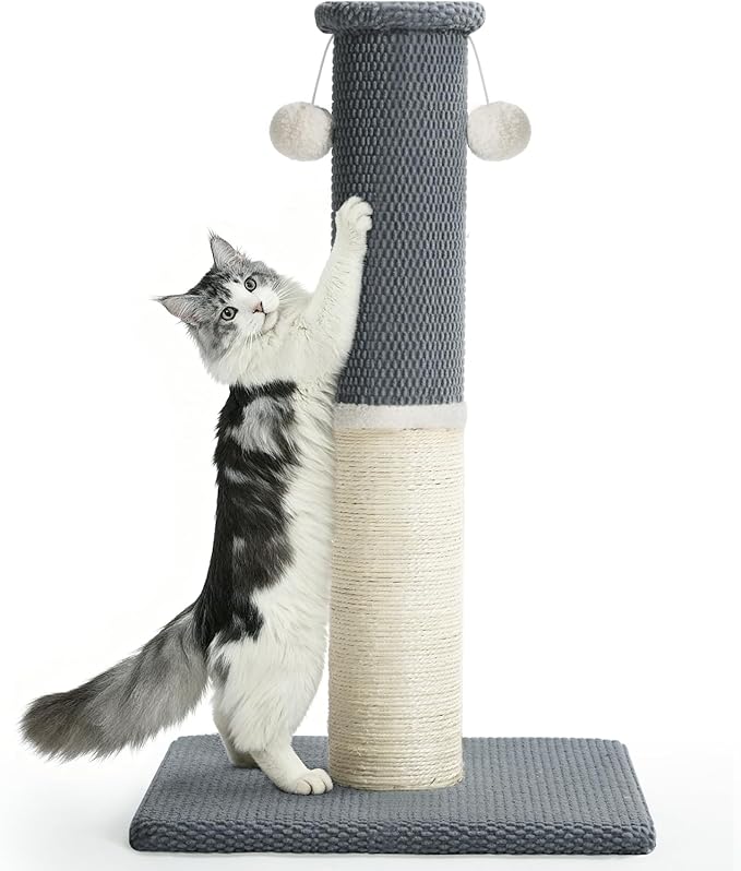 Made4Pets Tall Cat Scratching Post, Heavy Duty and Thicker Scratching Posts for Indoor Cats Adults, 33" Natural Sisal Cat Scratcher with Hanging Balls, Sturdy Base Cat Scratch Post, Light Grey