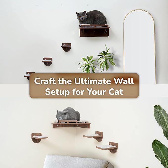 45LBS Capacity Cat Window Perch with Bolster, Hammock Seat with Premium Plywood & Metal Frame, Cat Window Bed for Indoor Cats & Kittens, Extra Cood Pad (Walnut, Cat Wall Steps)