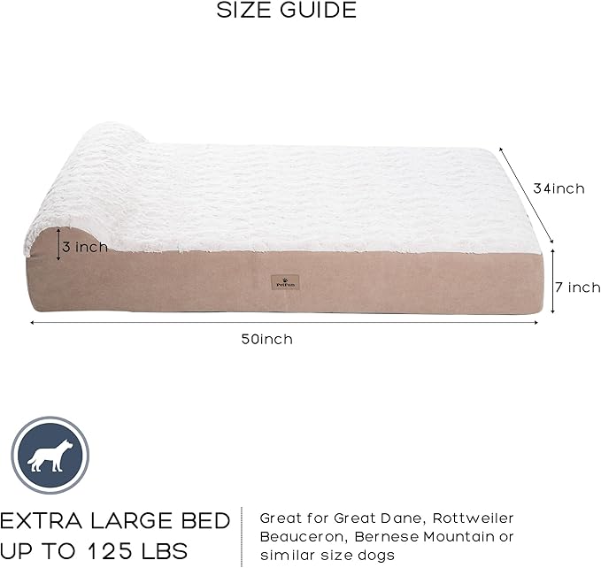 Jumbo Orthopedic Dog Bed for Large Dogs - 7-inch Thick Memory Foam Dog Bed with Pillow Removable Cover Machine Washable (Off-White | Textured Plush), 50''L x 34''W x 10''Th I Extra Large