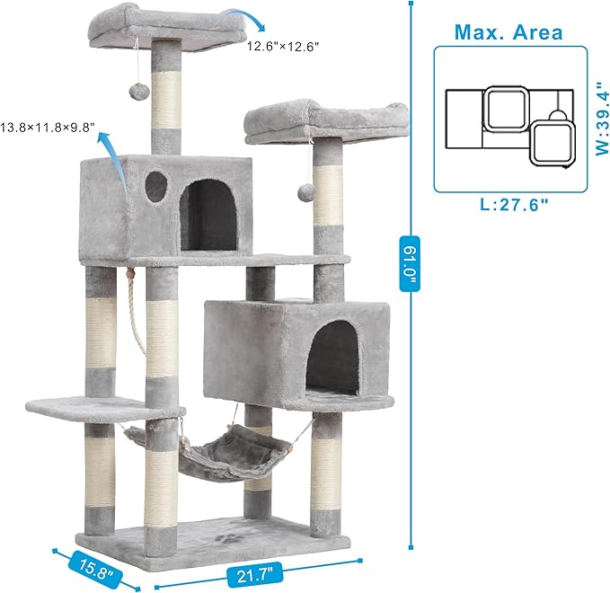 Hey-brother Large Multi-Level Cat Tree Condo Furniture with Sisal-Covered Scratching Posts, 2 Bigger Plush Condos, Perch Hammock for Kittens, Cats and Pets Light Gray MPJ020W