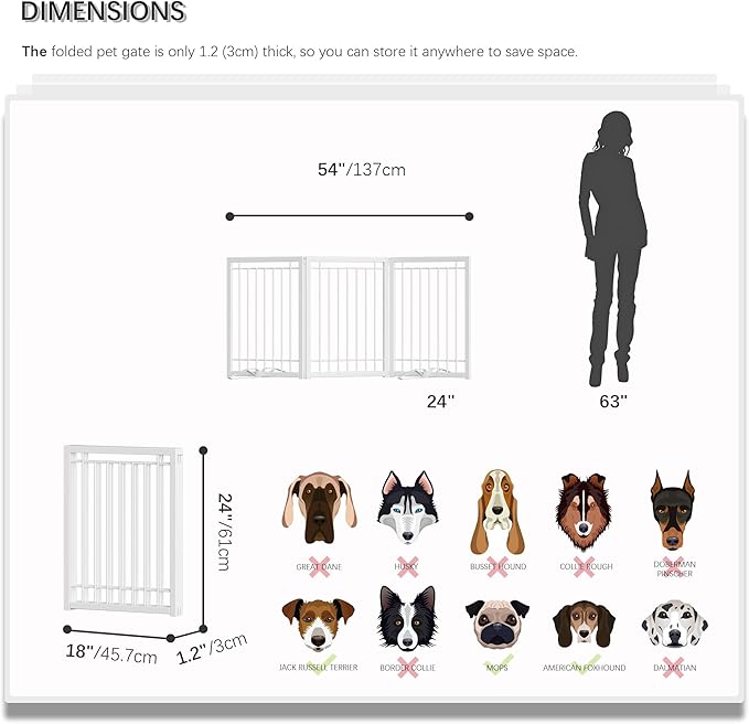 4NM Metal No Drilling Expandable Puppy Dog Gate, Wide 54", Tall 24" Small Free Standing Pet Gate, Doggie Gates for Dogs Outdoor or Indoor, with 2PCS Support - White